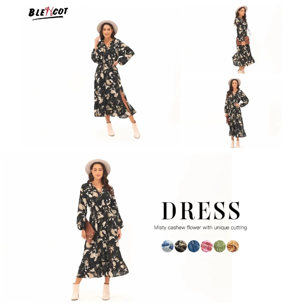 Like New Blencot Black Yellow Paisley Floral Long Sleeve Flowy Maxi Dress L - Picture 8 of 13